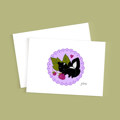 Little Skunk and the Berries 5x7 greeting card