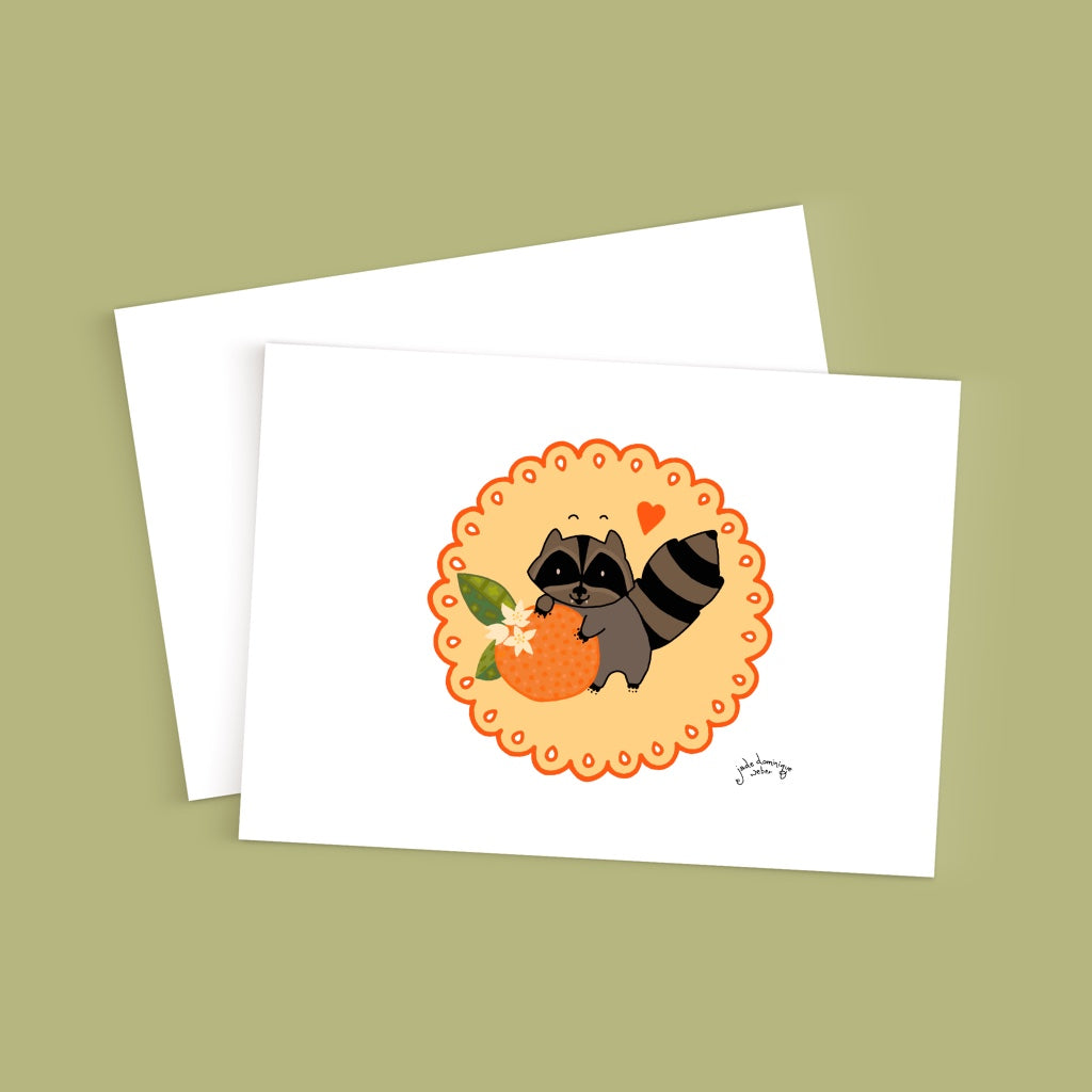 Little Raccoon and the Orange 5x7 greeting card